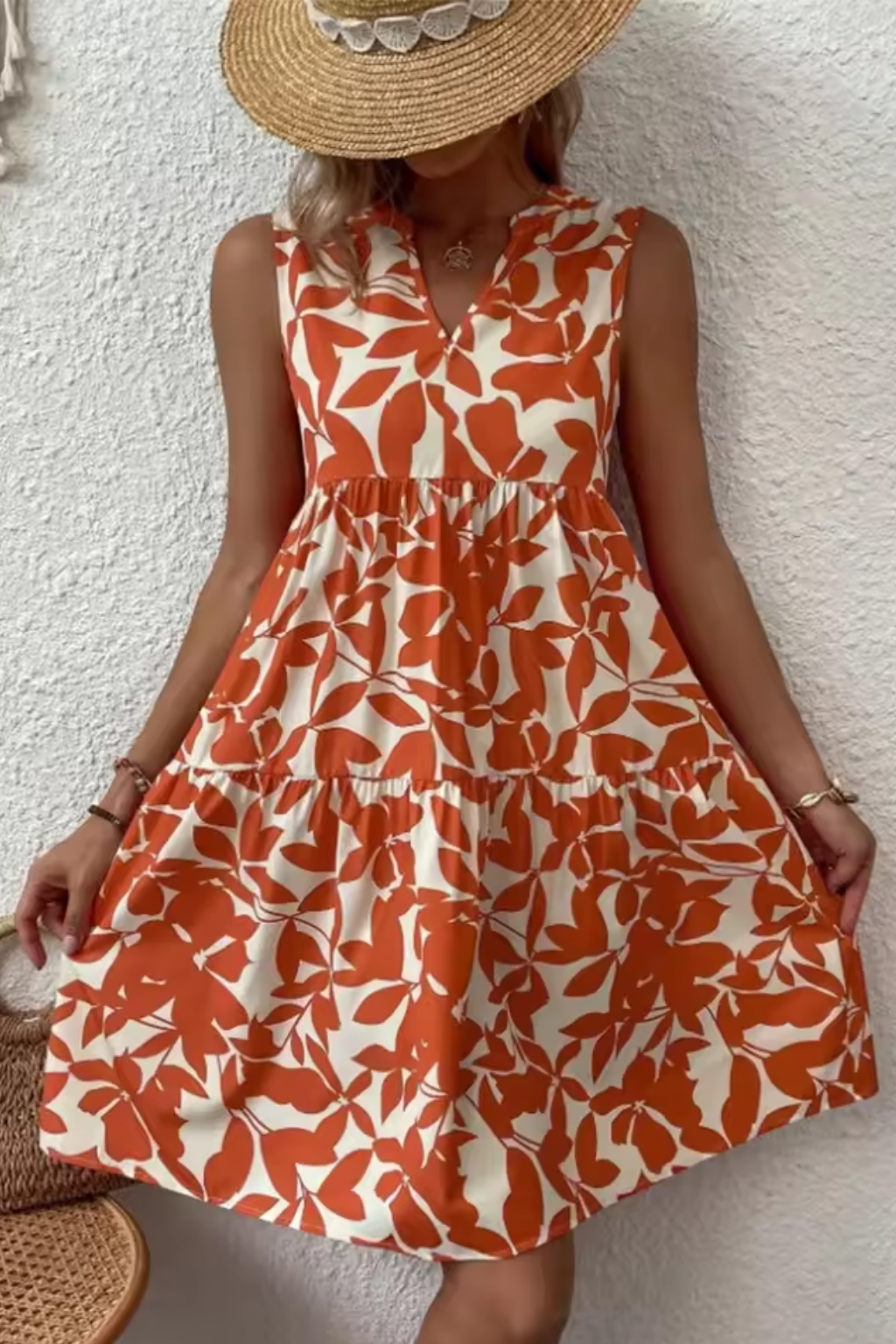 Womens Midi Summer Dress V Neck Leaf Print Four Color