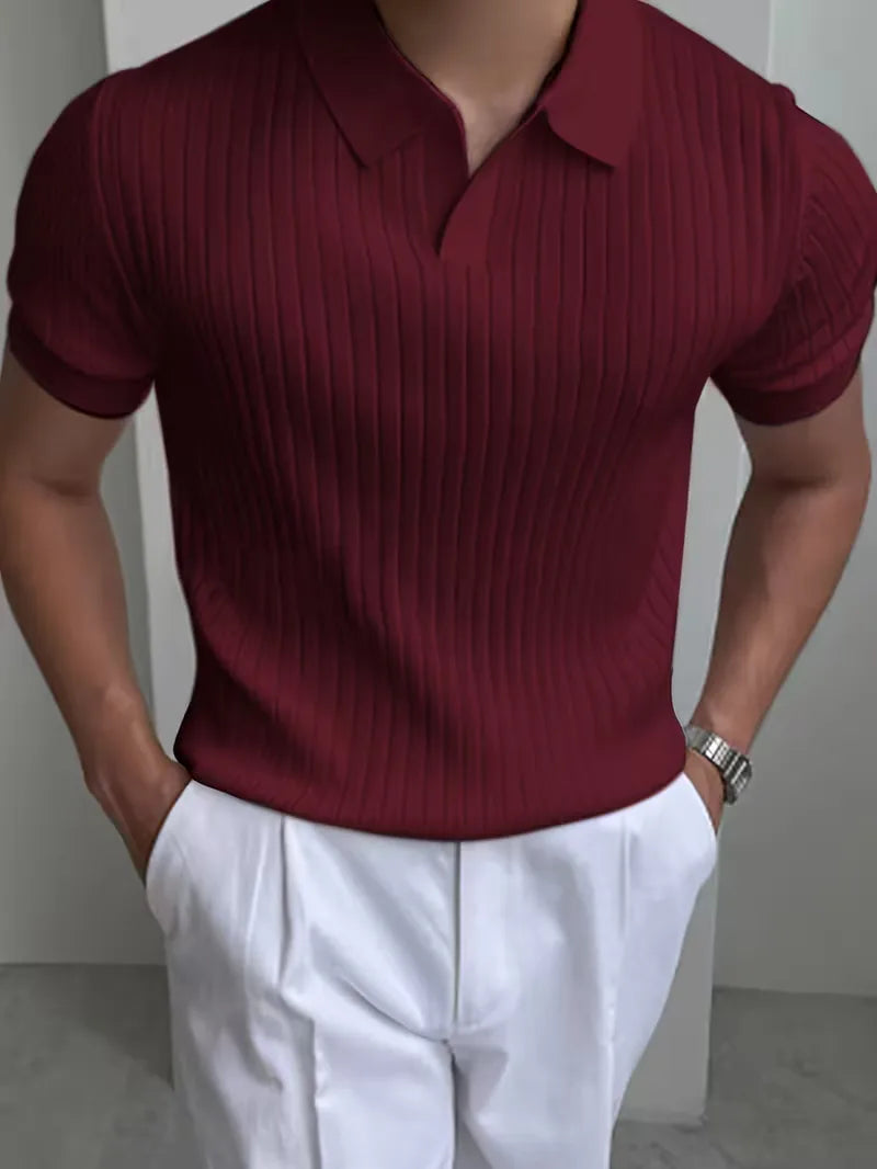 Mens V Neck Ribbed Texture Polo
