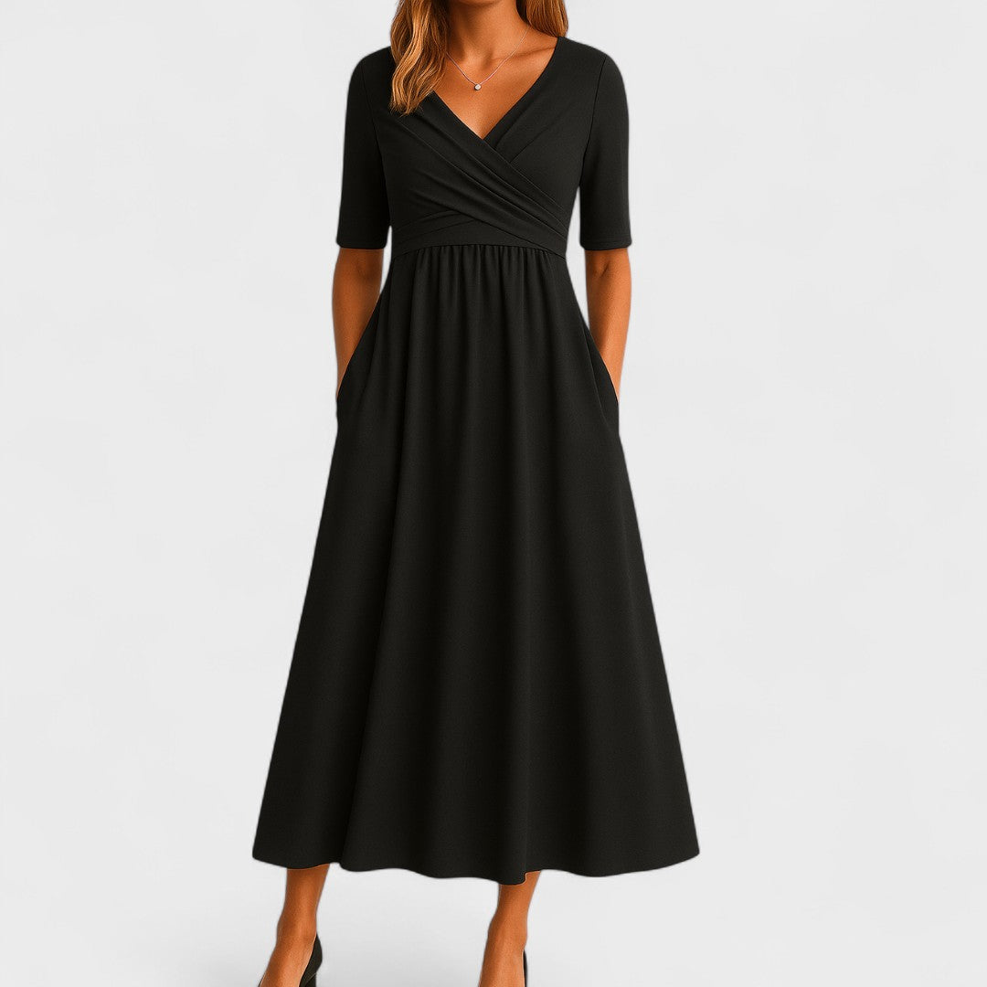 Midi Dress Surplice V-Neck Pleated Bodice Pockets