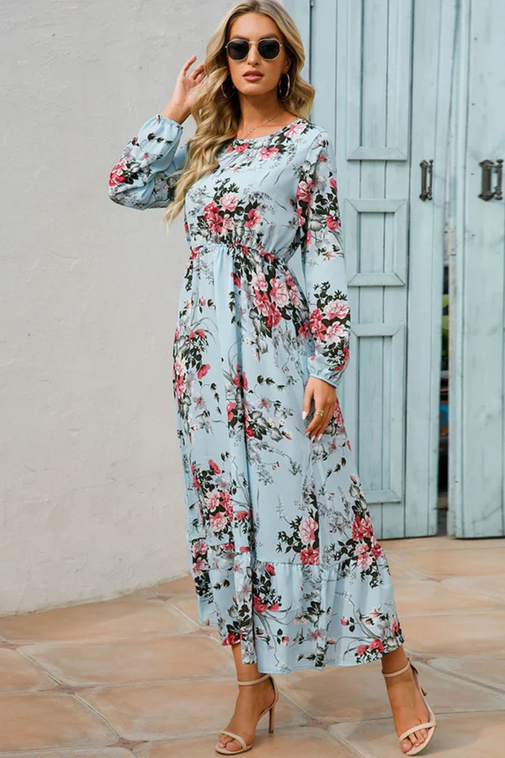 Womens Floral Maxi Summer Dress Long Sleeve Five Color