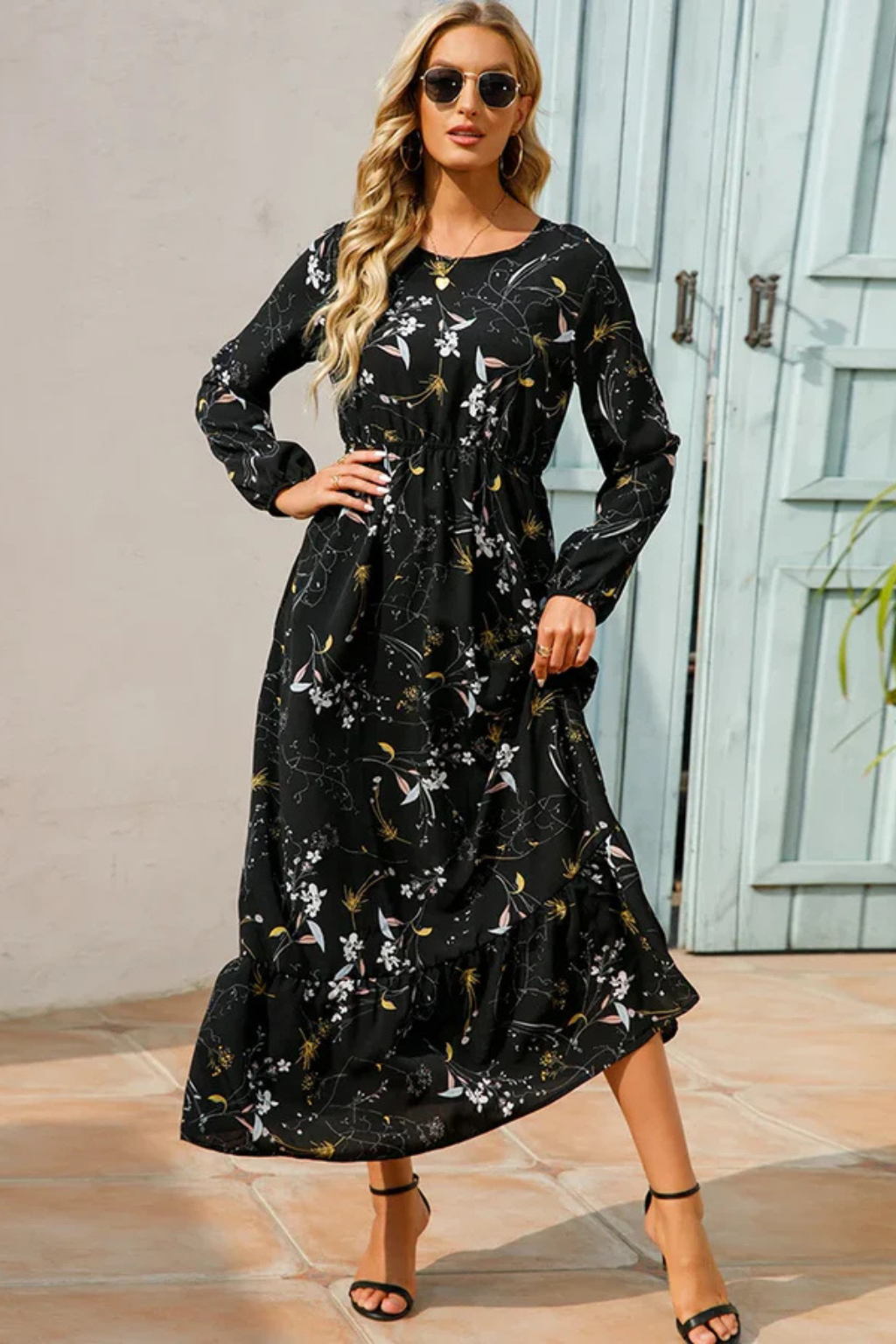 Womens Floral Maxi Summer Dress Long Sleeve Five Color