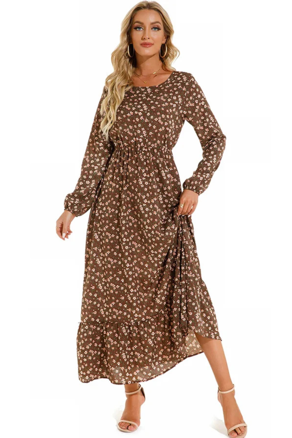 Womens Floral Maxi Summer Dress Long Sleeve Five Color