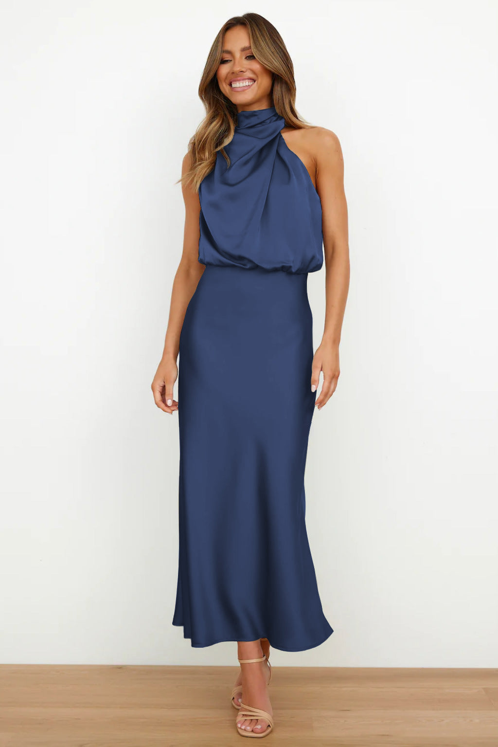 Womens Satin Halter Midi Dress