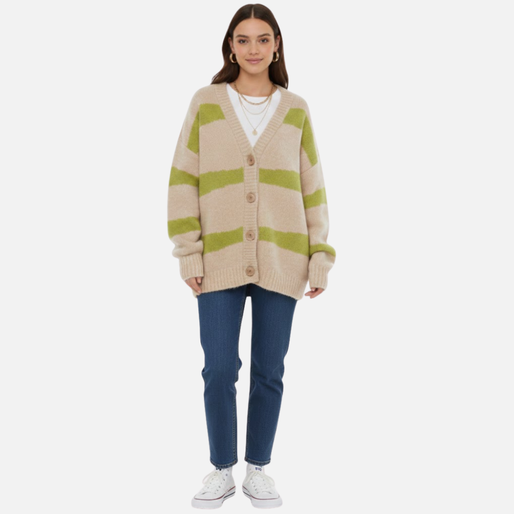 Evangeline | Fall V-Neck Cardigan with Horizontal Stripes and Button Front