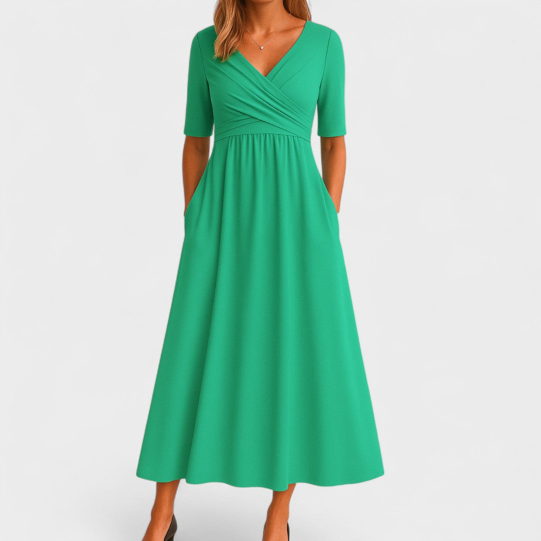 Midi Dress Surplice V-Neck Pleated Bodice Pockets