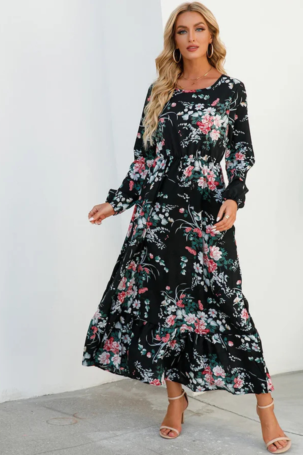 Womens Floral Maxi Summer Dress Long Sleeve Five Color