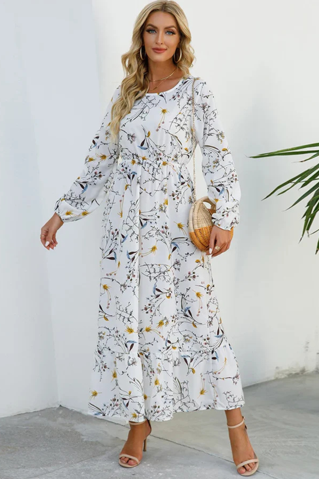 Womens Floral Maxi Summer Dress Long Sleeve Five Color