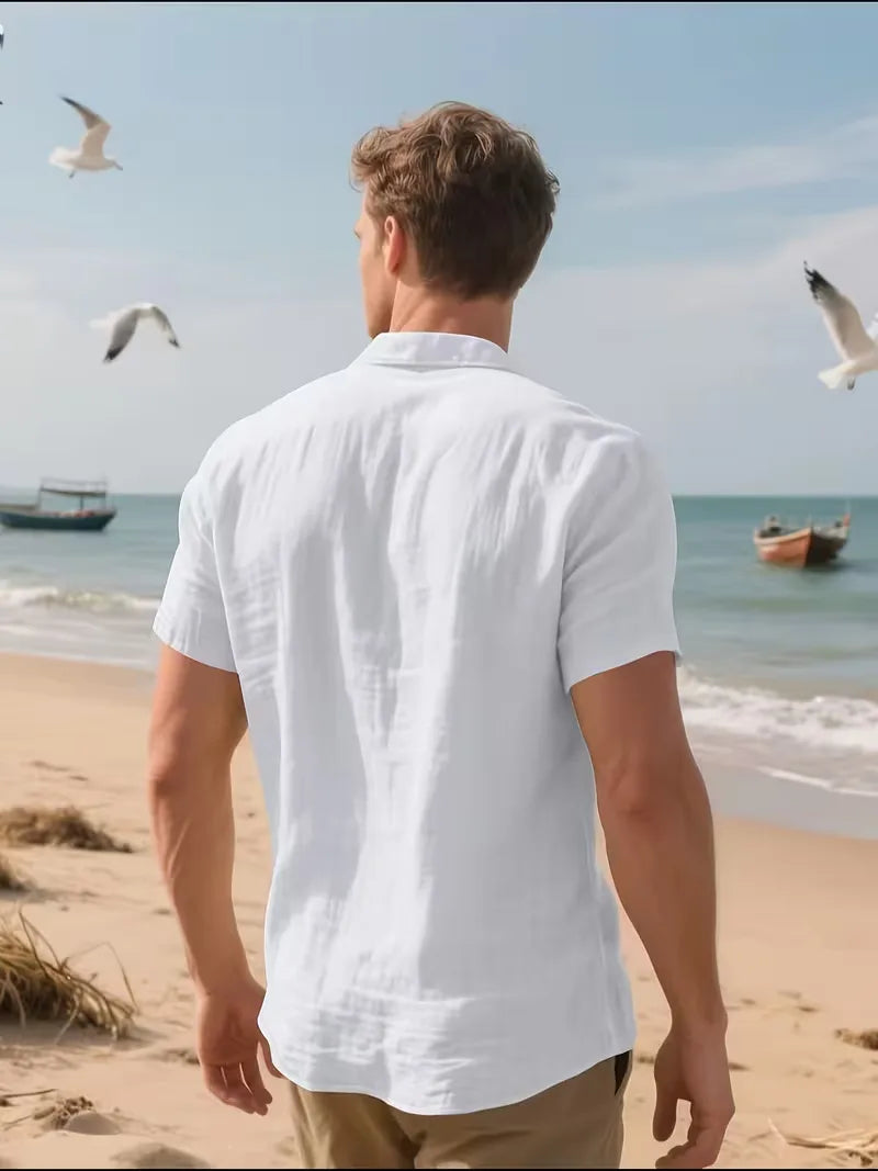 Mens Short Sleeve Linen Shirt Chest Pocket