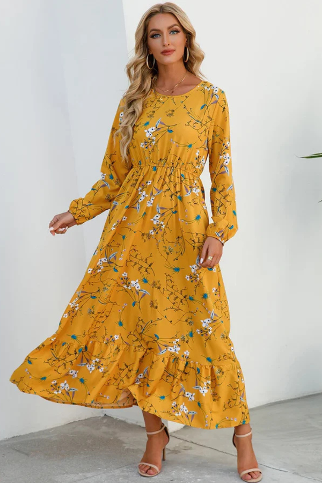 Womens Floral Maxi Summer Dress Long Sleeve Five Color