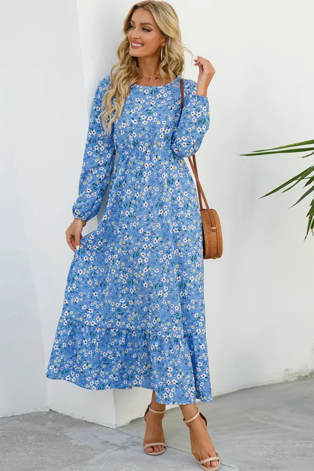 Womens Floral Maxi Summer Dress Long Sleeve Five Color
