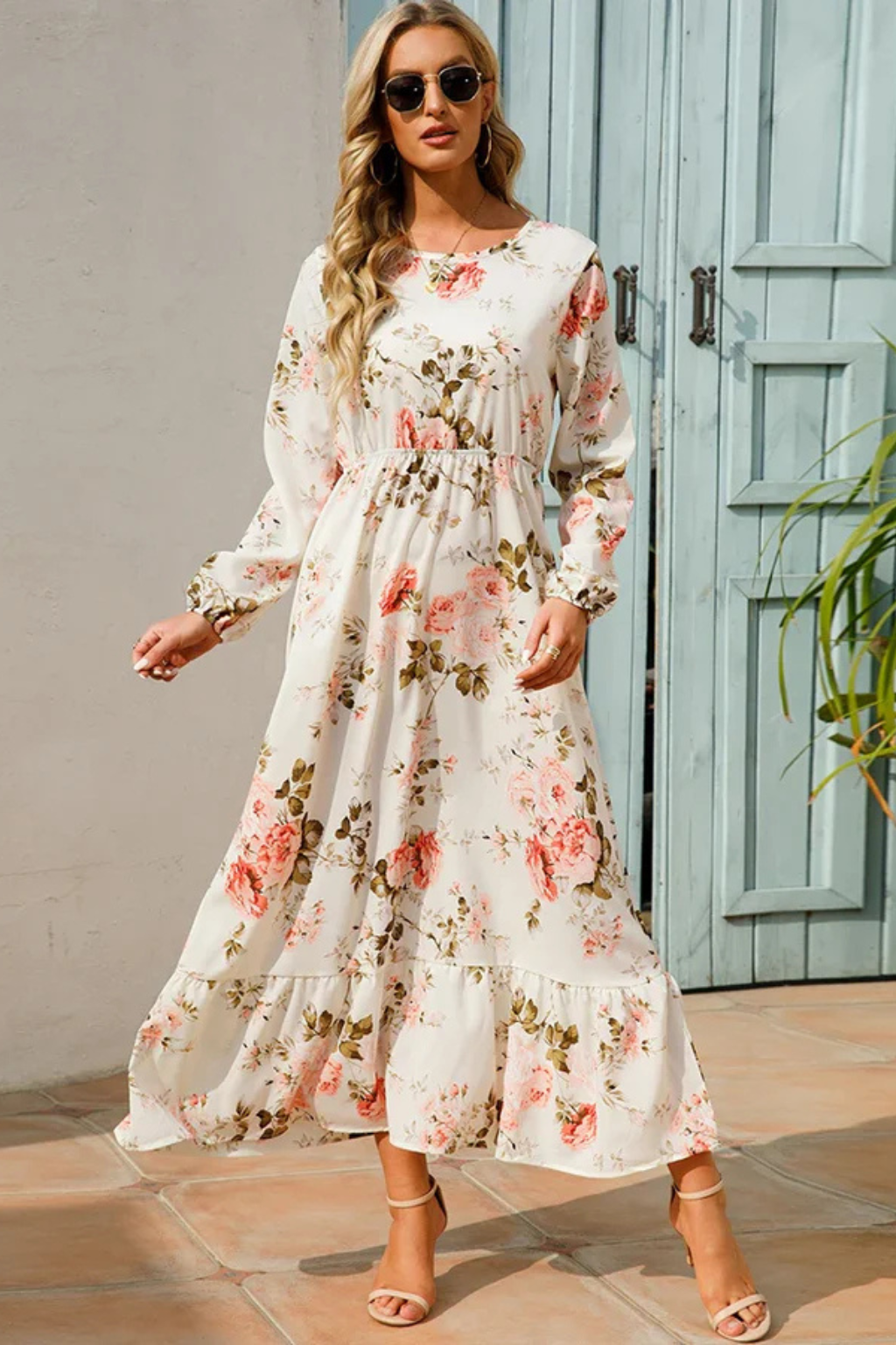 Womens Floral Maxi Summer Dress Long Sleeve Five Color