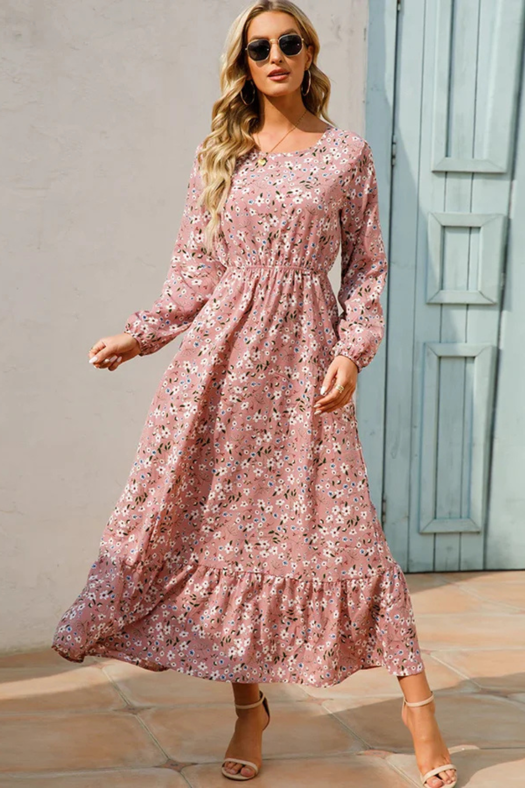 Womens Floral Maxi Summer Dress Long Sleeve Five Color