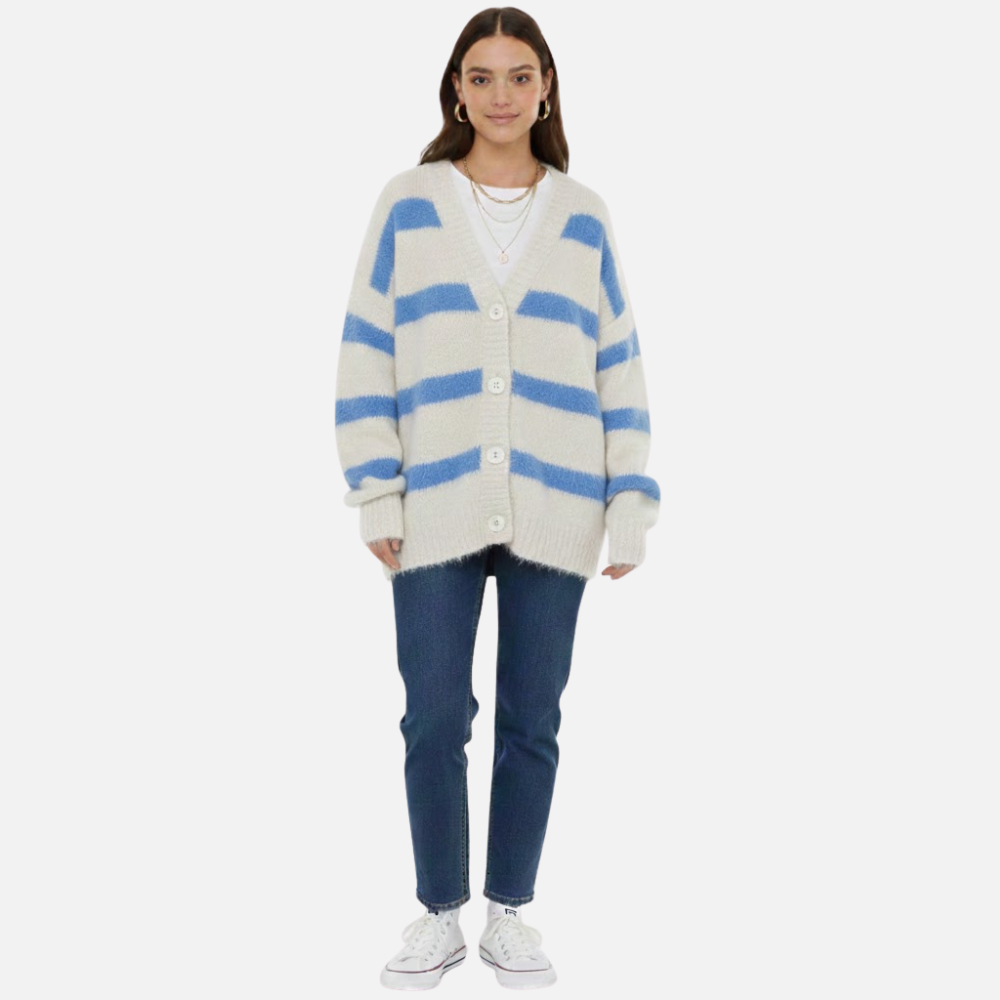 Evangeline | Fall V-Neck Cardigan with Horizontal Stripes and Button Front