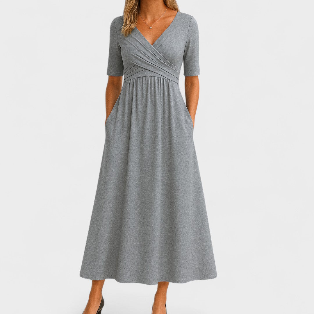 Midi Dress Surplice V-Neck Pleated Bodice Pockets