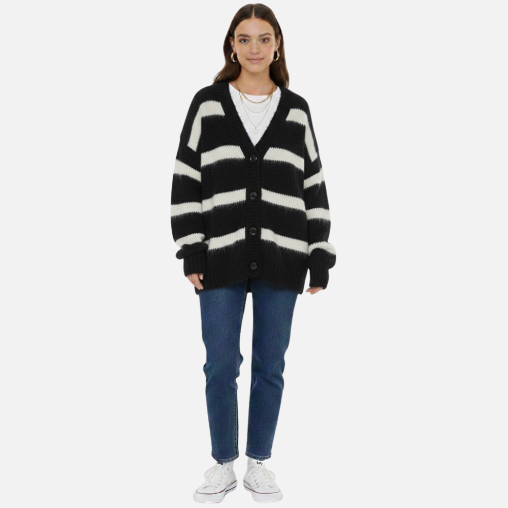 Evangeline | Fall V-Neck Cardigan with Horizontal Stripes and Button Front