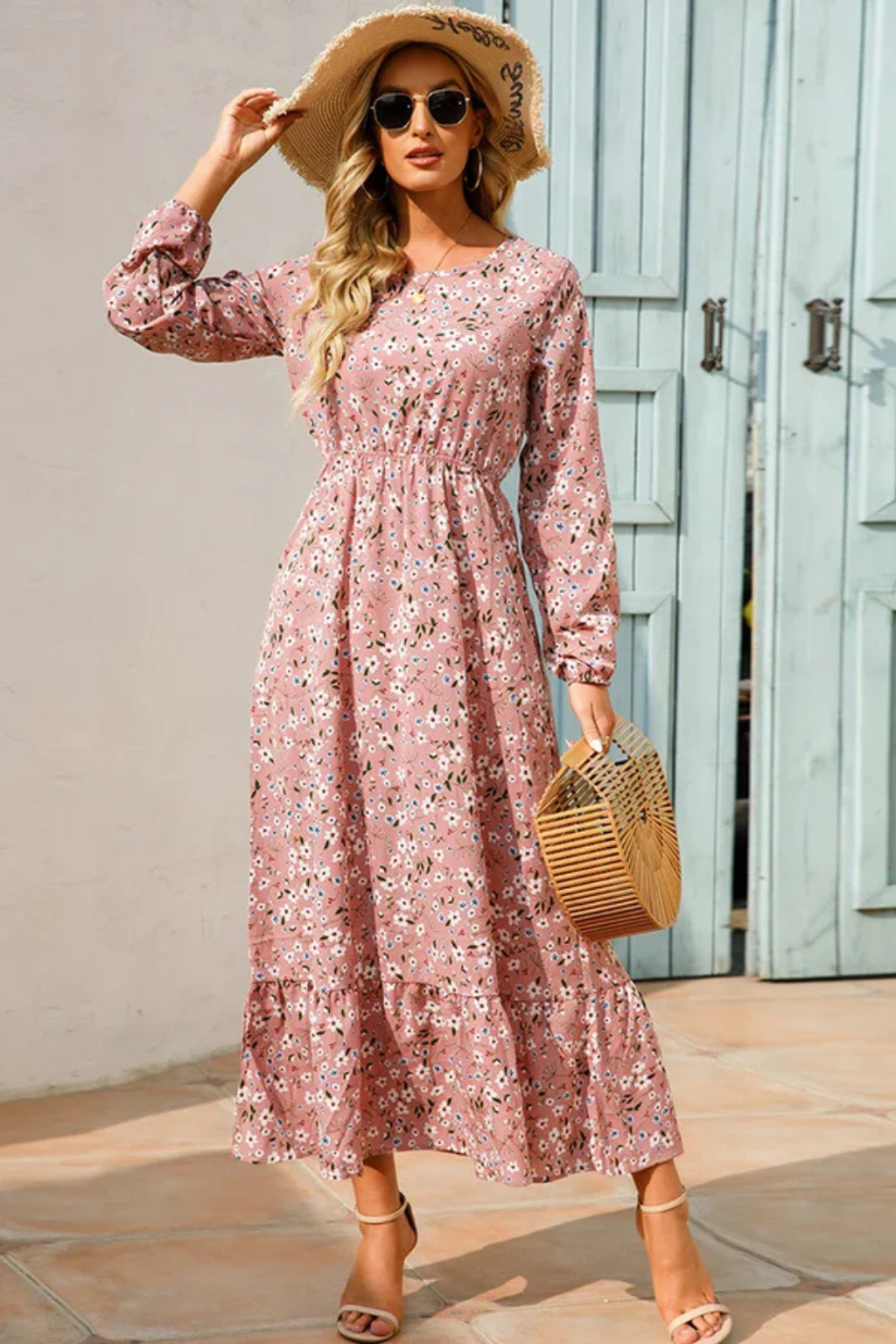 Womens Floral Maxi Summer Dress Long Sleeve Five Color