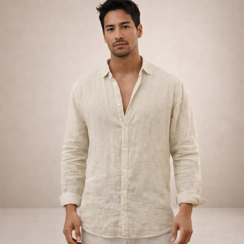 Mens Linen Shirt Open Collar Long Sleeve Regular Fit