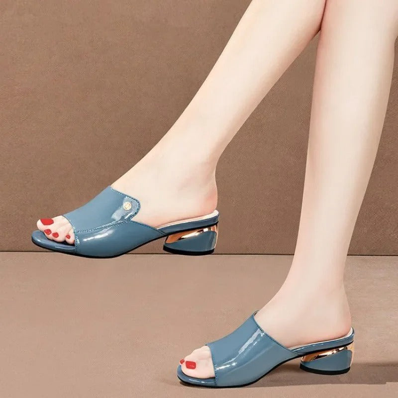 Glossy Slide Sandals Low Heel