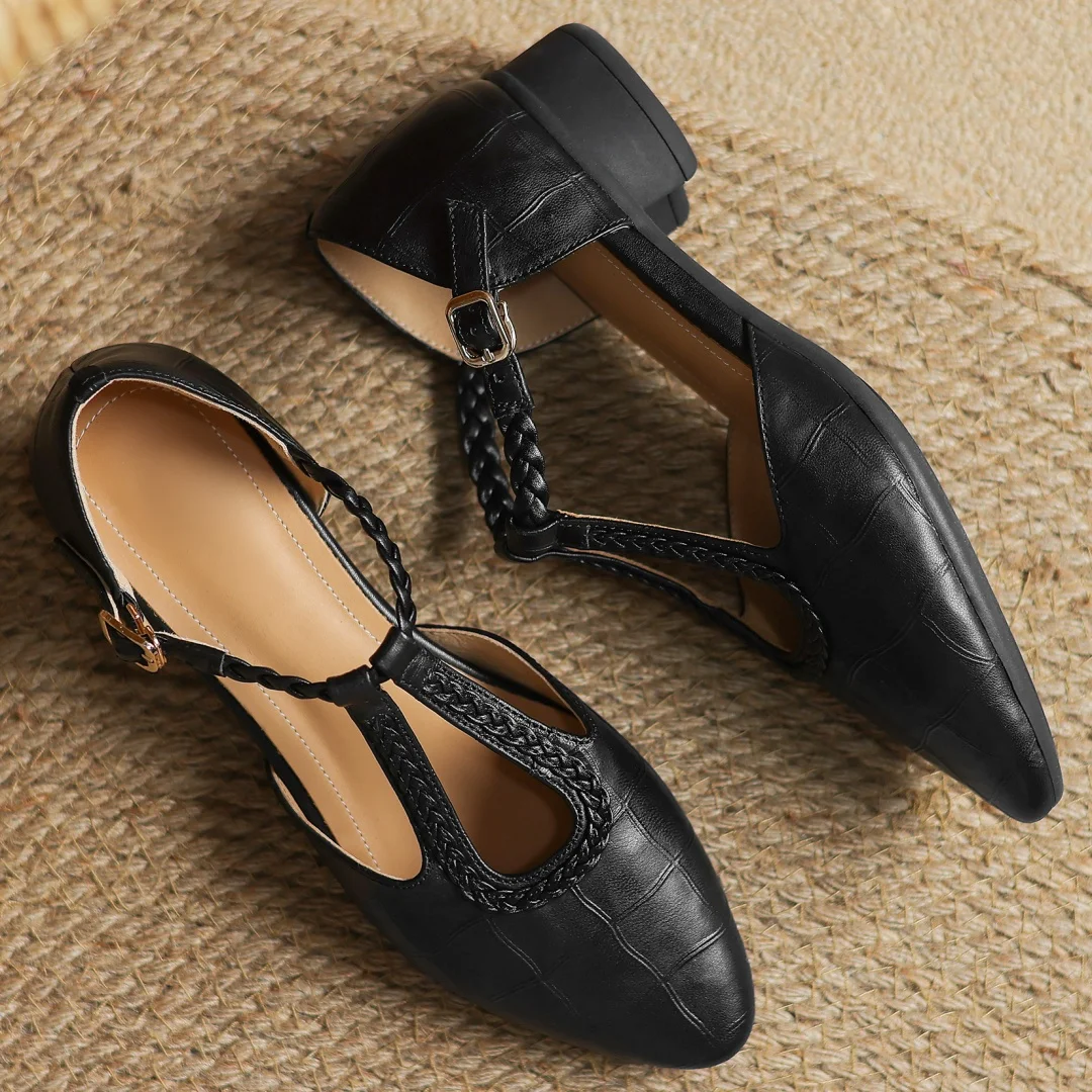 Leather Mary Jane Shoes Braided T-Strap Low Heel