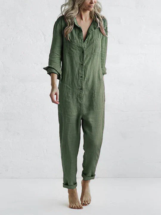 Cotton Linen Jumpsuit Button Front Pockets Vintage