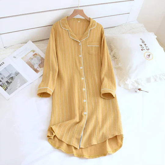 Cotton Gauze Nightgown Striped Knee Length Sleepwear