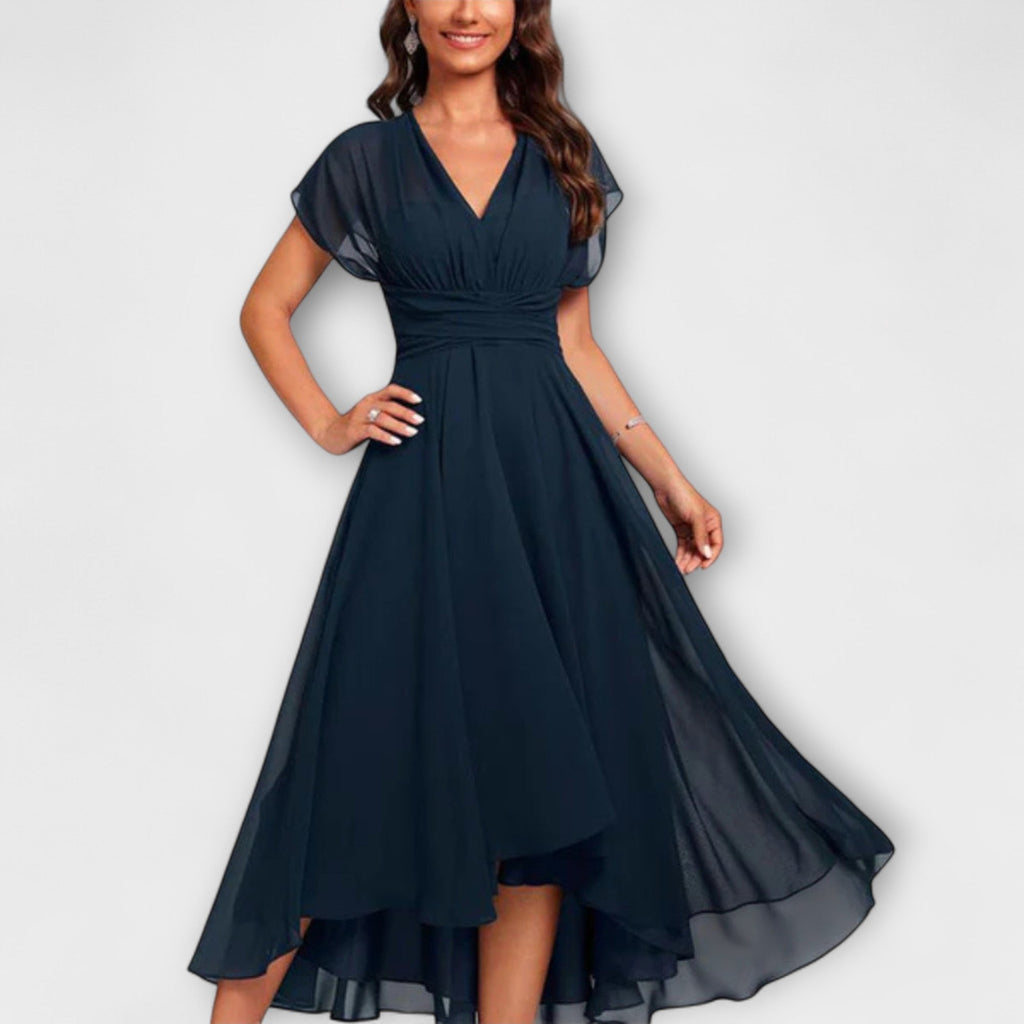 A-Line Dress V-Neck High-Low Hem Flutter Sleeve