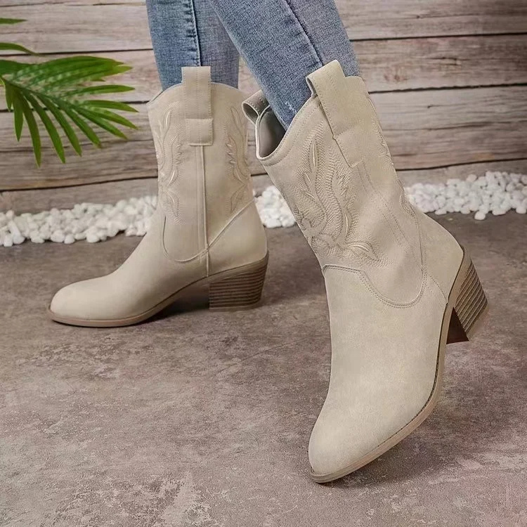 Ankle Cowboy Boots Western Block Heel Round Toe Women's