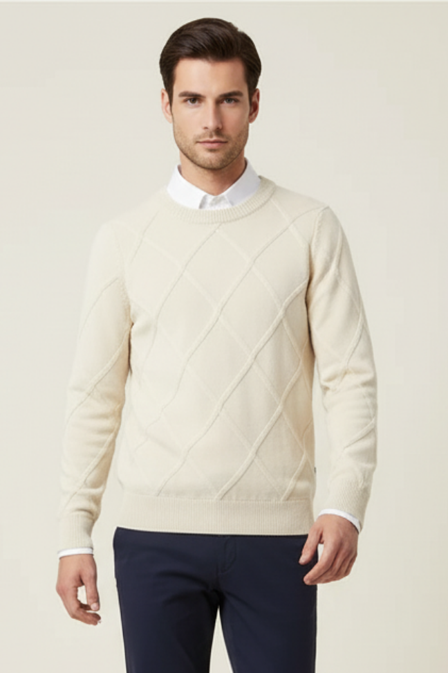 Fall Diamond Knit Cashmere Sweater — Classic Crew Neck Pullover for Layering