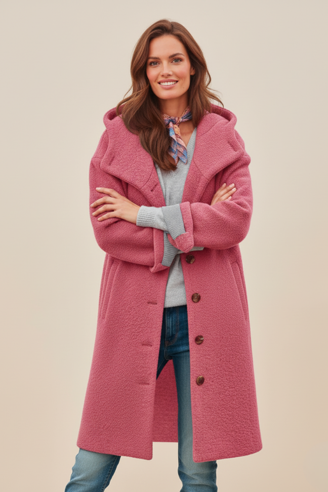 Fall Wool Blend Oversized Coat — Button-Front Hooded Outerwear