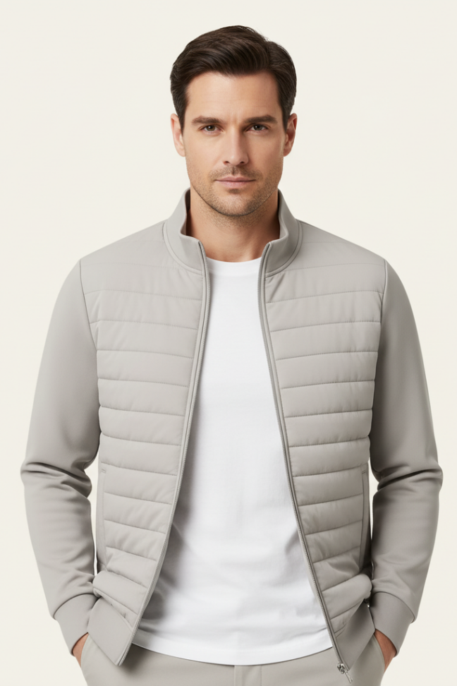 Fall Quilted Zip Jacket — Lightweight Padded Bomber with Ribbed Trim