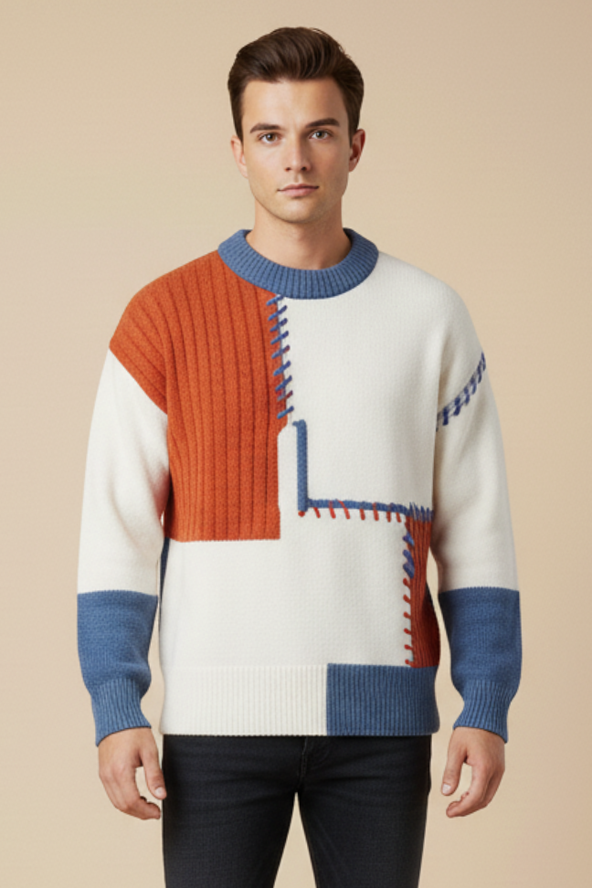 Fall Patchwork Knit Sweater — Textured Cable Stitch Pullover