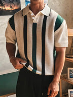 Mens Short Sleeve V Neck Striped Polo