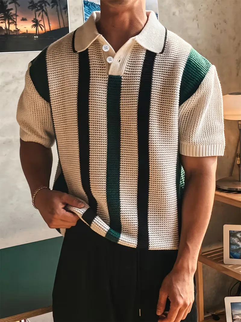 Mens Short Sleeve V Neck Striped Polo
