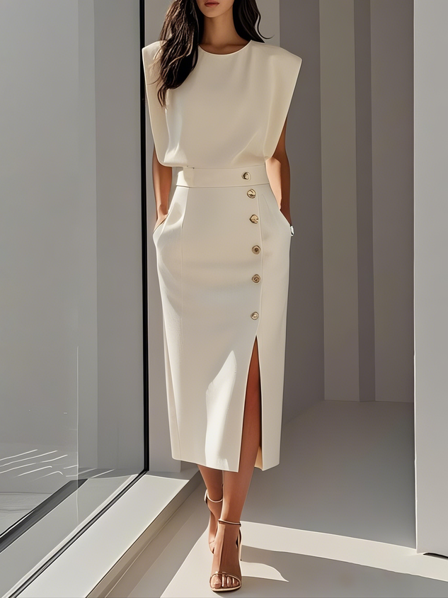 Womens Midi Dress Sleeveless Button Detail Five Color