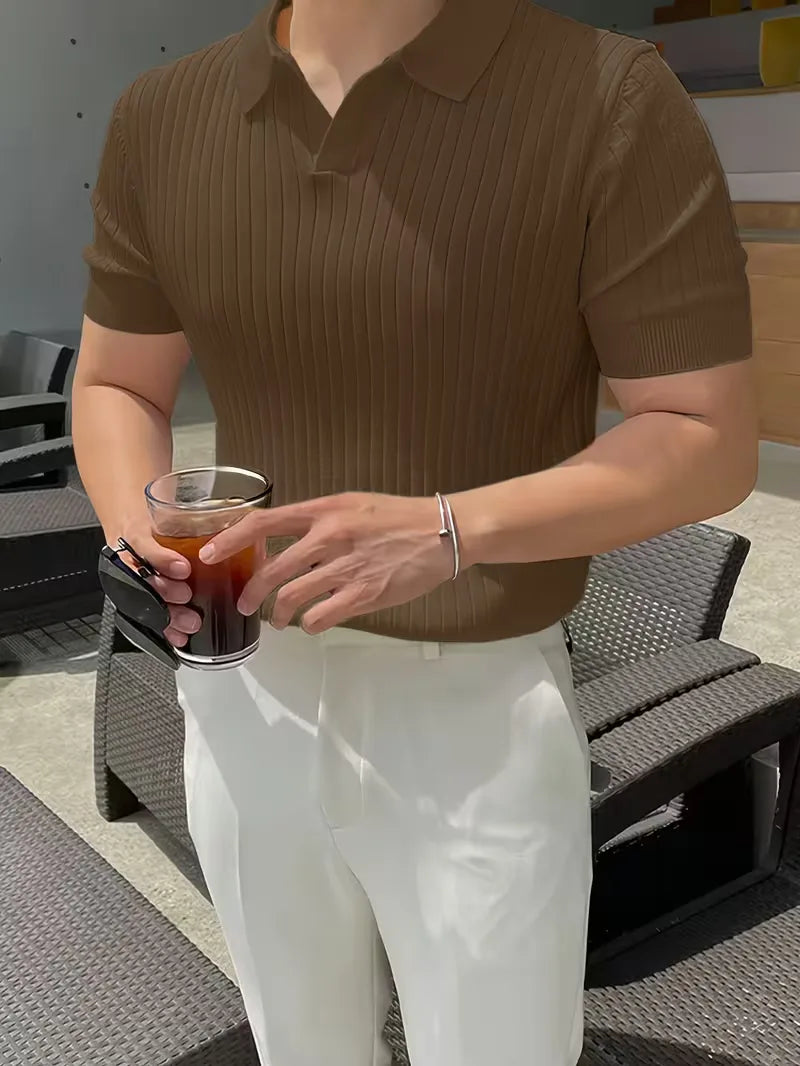 Mens V Neck Ribbed Texture Polo