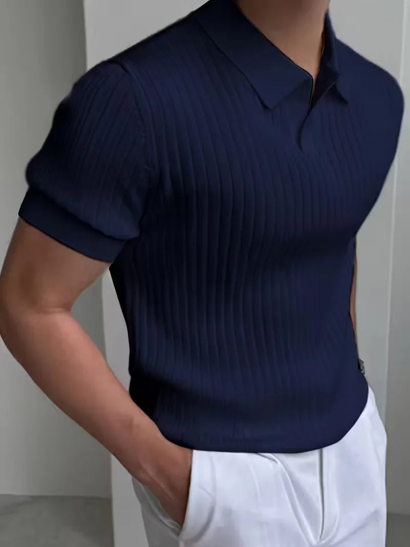 Mens V Neck Ribbed Texture Polo