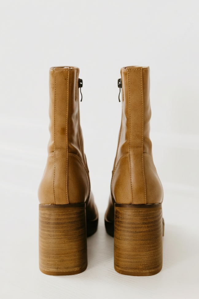Fall Leather Block Heel Ankle Boots — Tan Square Toe Zip-Up Design