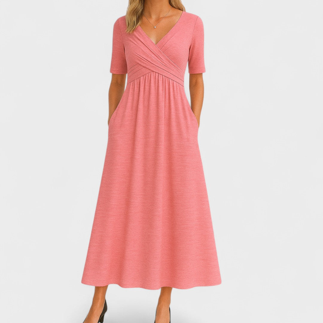 Midi Dress Surplice V-Neck Pleated Bodice Pockets