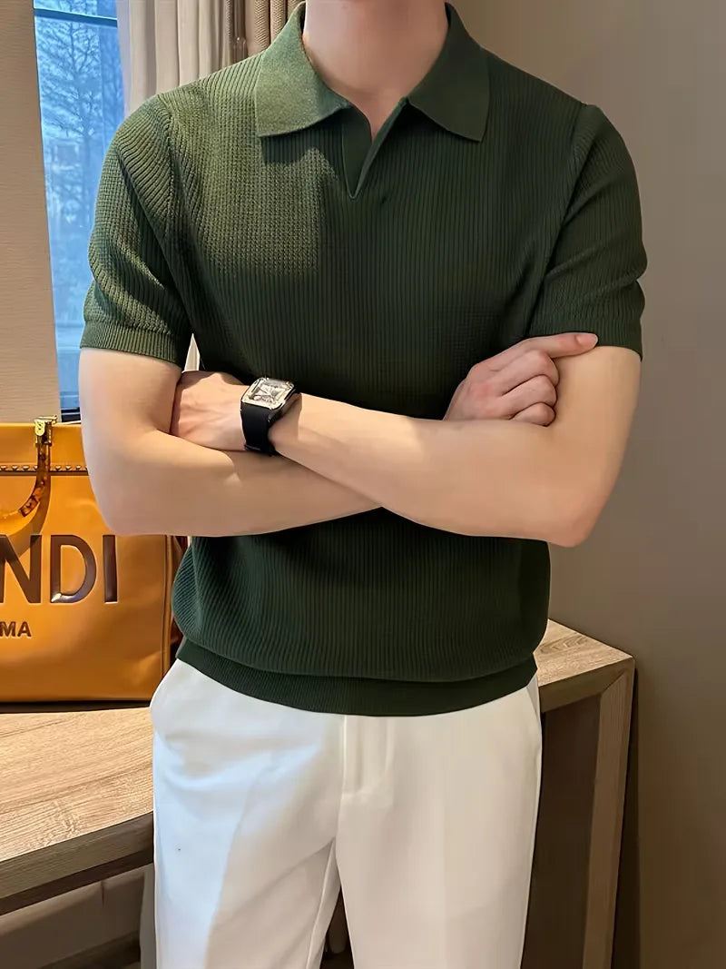 Mens V Neck Knitted Short Sleeve Polo