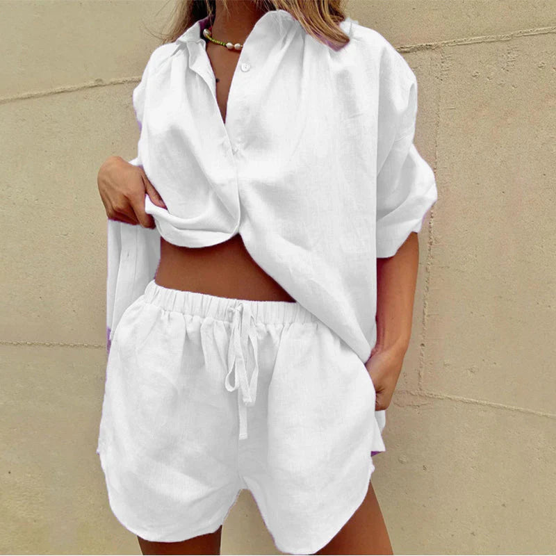 Linen Two Piece Set Blouse Shorts Matching Summer Outfit