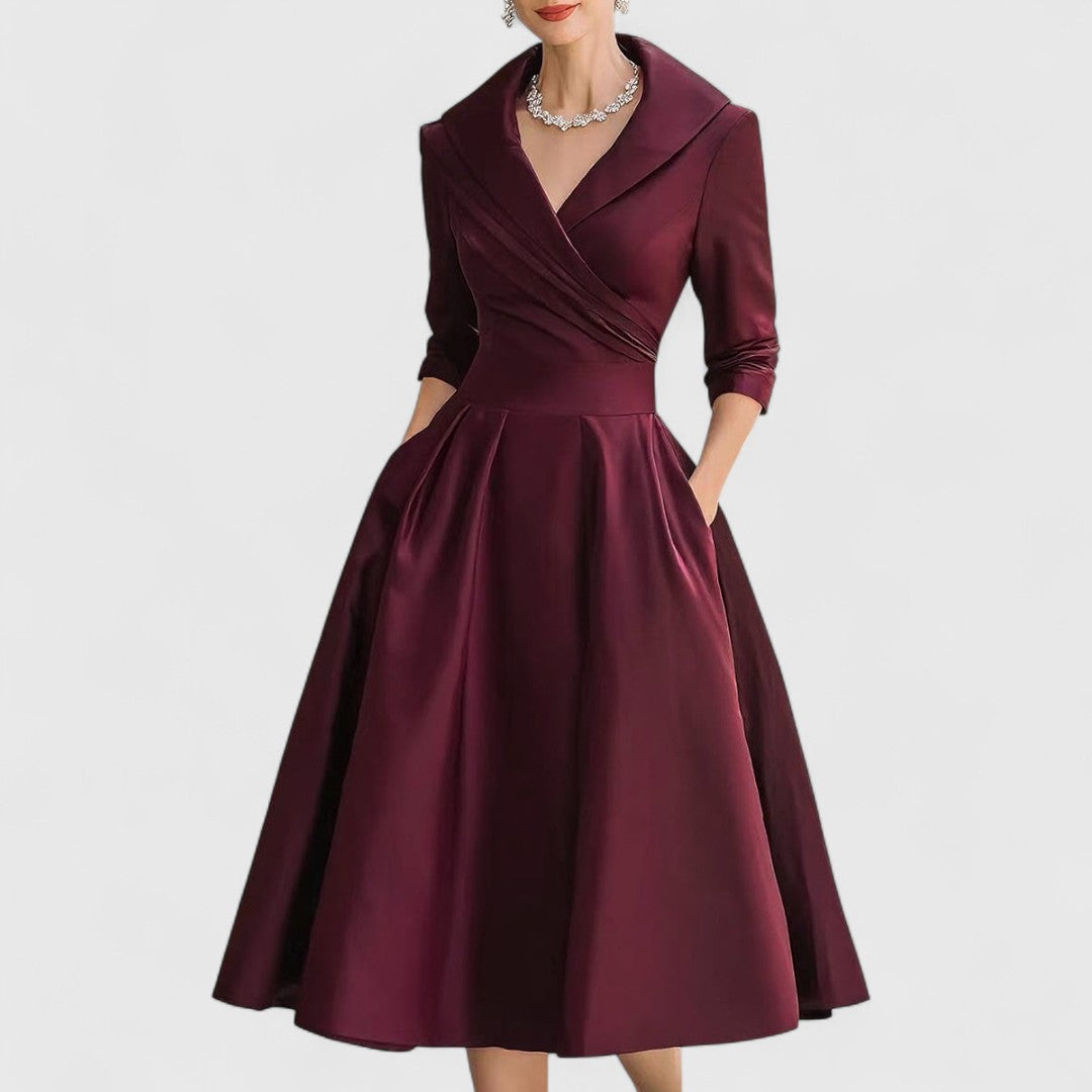 Midi Dress V-Neck Wrap Bodice Flared Skirt Pockets