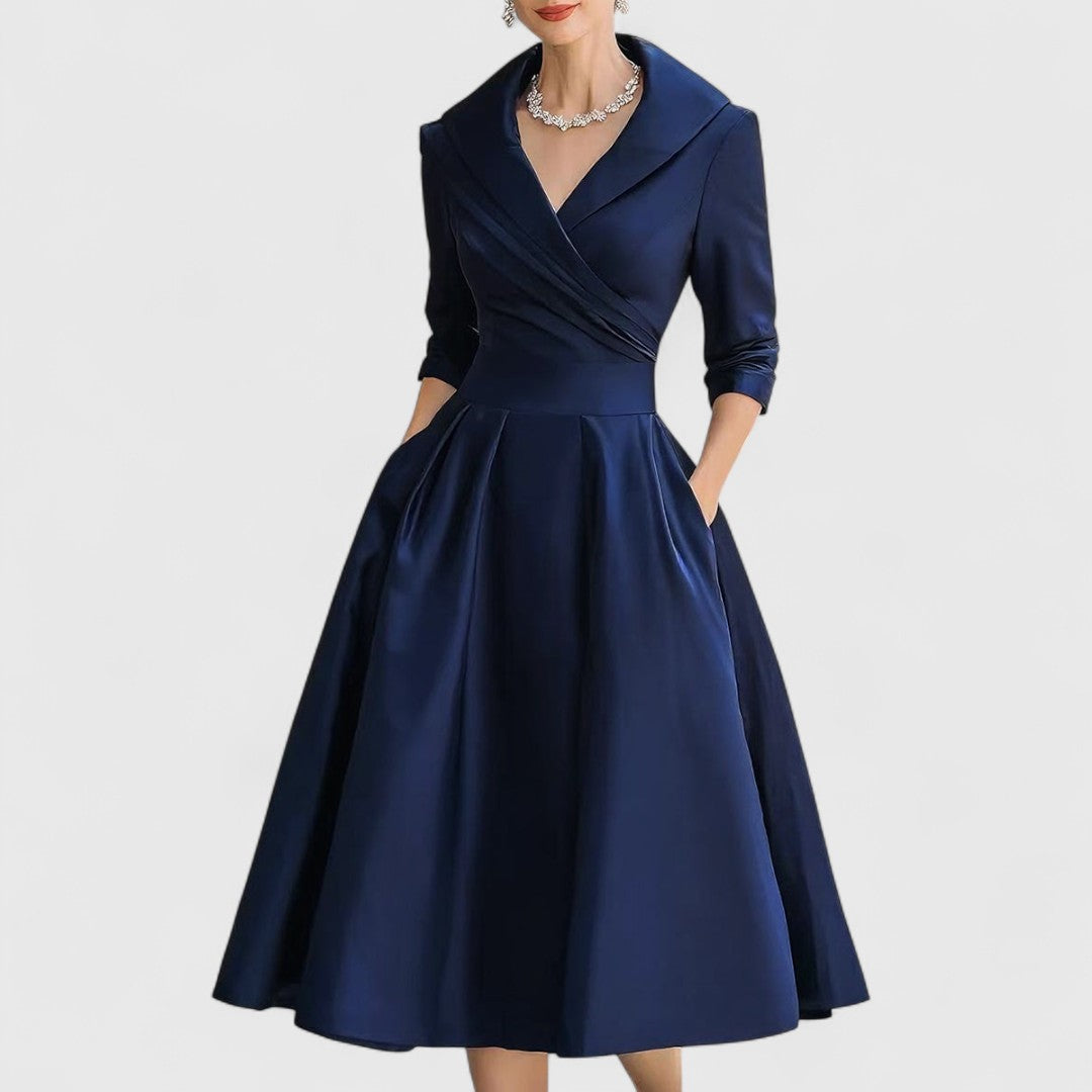 Midi Dress V-Neck Wrap Bodice Flared Skirt Pockets