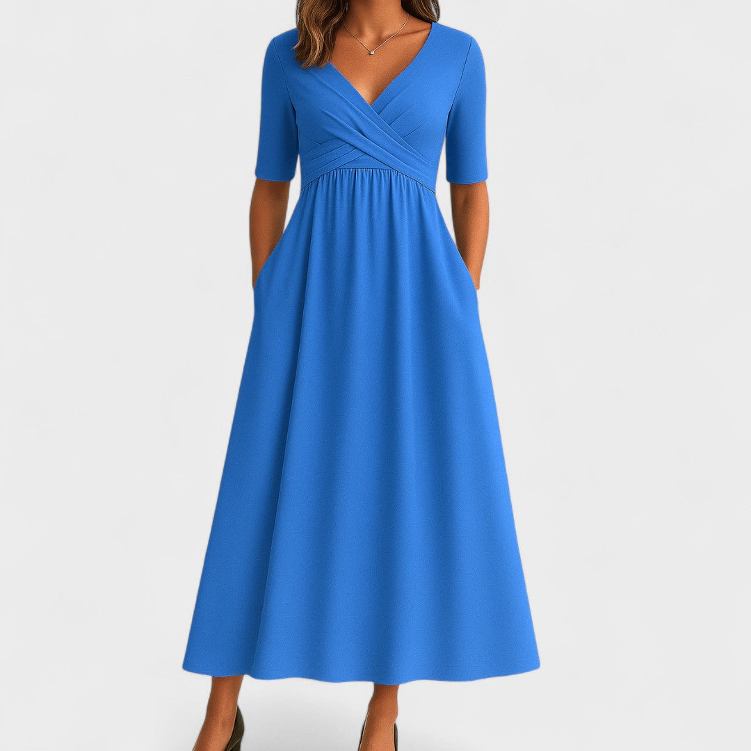 Midi Dress Surplice V-Neck Pleated Bodice Pockets