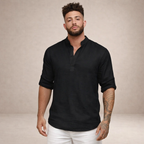 Men's Linen Shirt Regular Fit Breathable Stand-Up Collar Long Sleeves