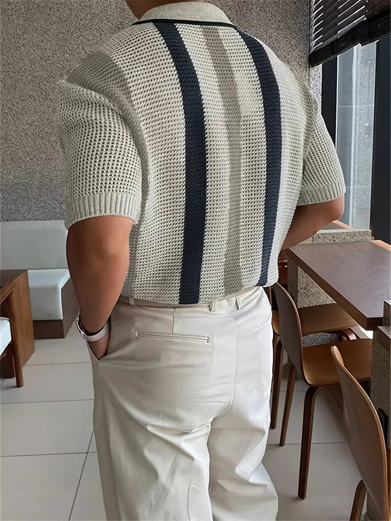 Mens Short Sleeve V Neck Striped Polo