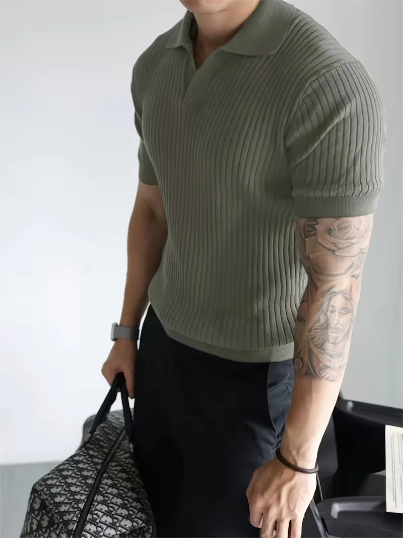 Mens V Neck Ribbed Texture Polo