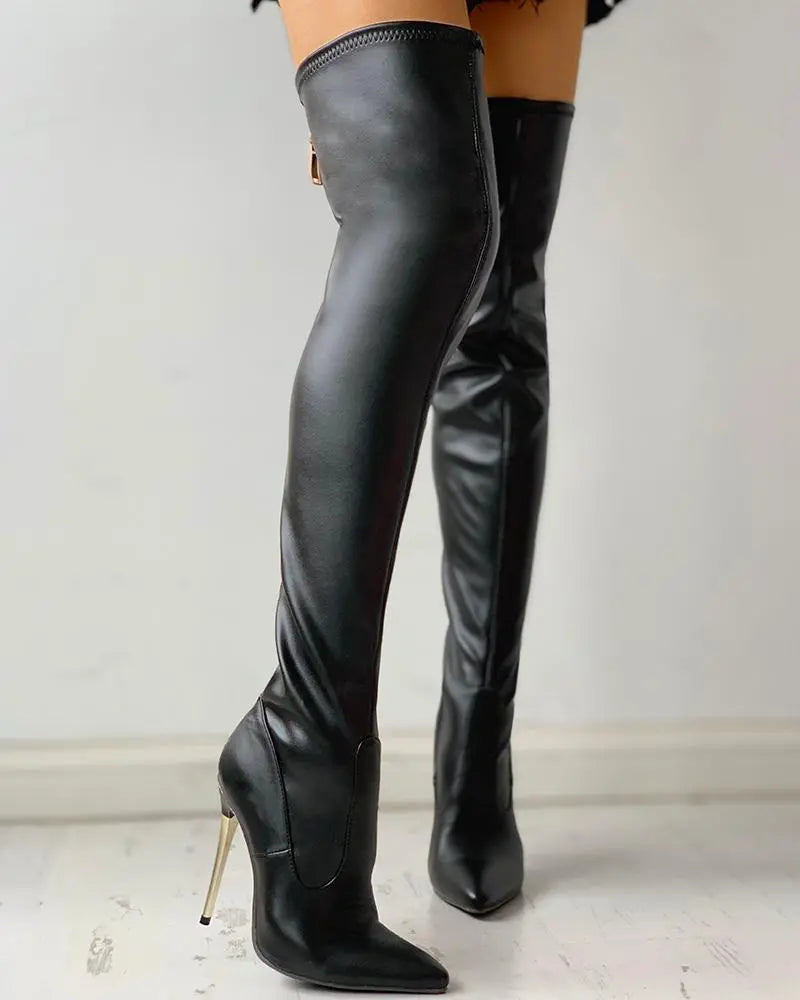 Womens Over The Knee Boots Gold Heel Zip