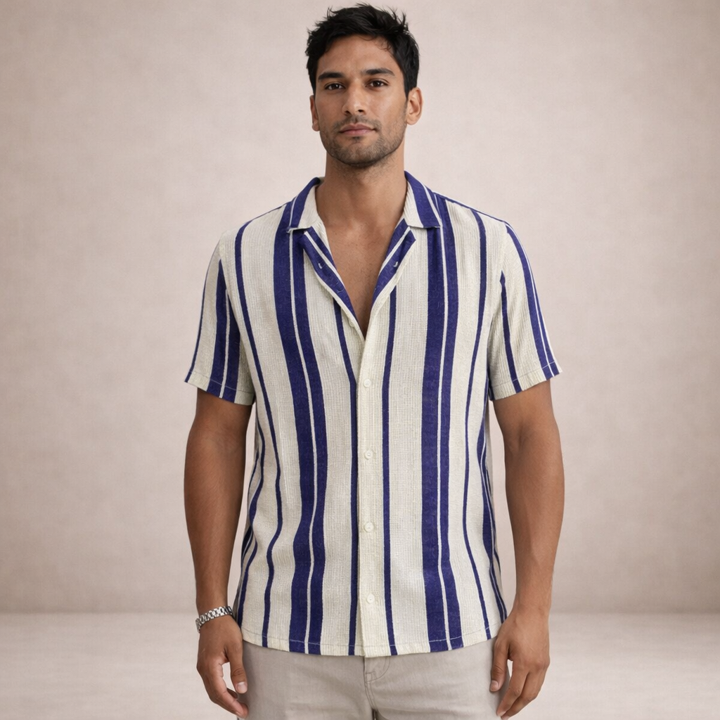 Mens Linen Shirt Striped Long Sleeve Regular Fit