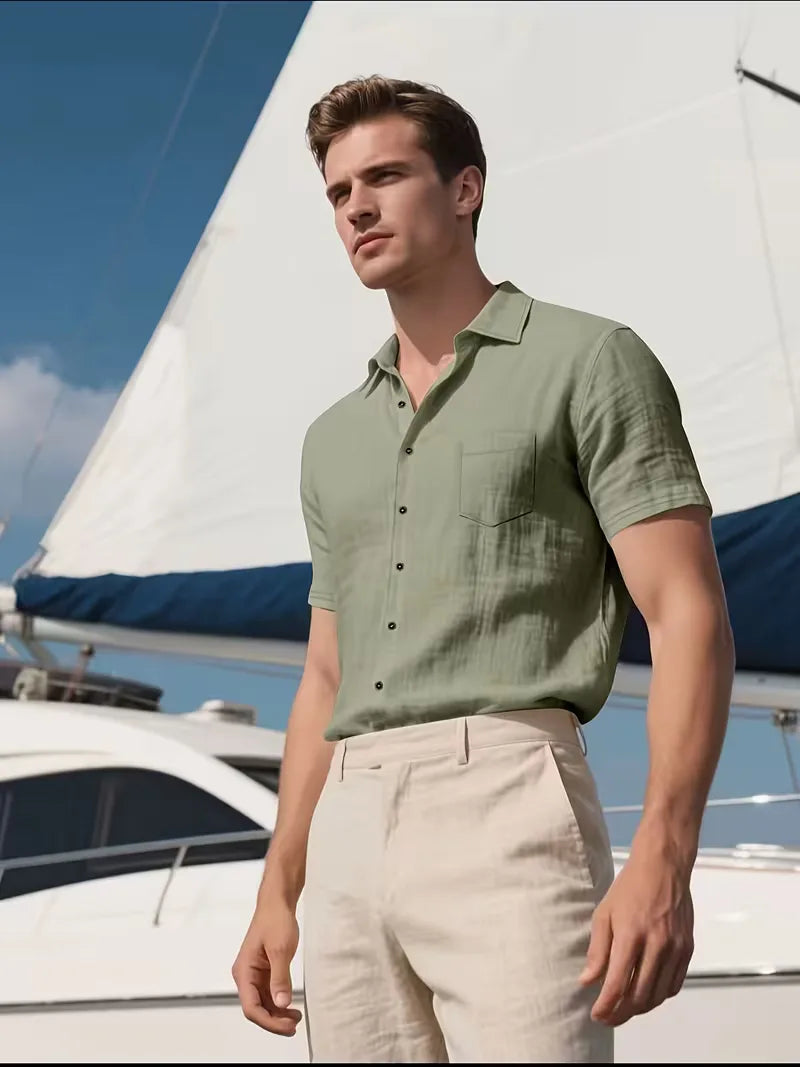 Mens Short Sleeve Linen Shirt Chest Pocket