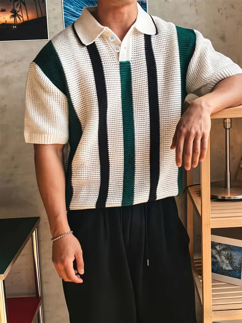 Mens Short Sleeve V Neck Striped Polo